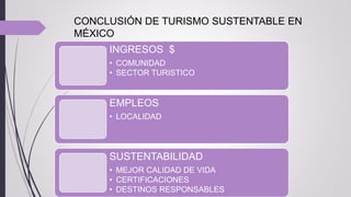 INGRESOS $
• COMUNIDAD
• SECTOR TURISTICO
EMPLEOS
• LOCALIDAD
SUSTENTABILIDAD
• MEJOR CALIDAD DE VIDA
• CERTIFICACIONES
• DESTINOS RESPONSABLES
CONCLUSIÓN DE TURISMO SUSTENTABLE EN
MÉXICO
 