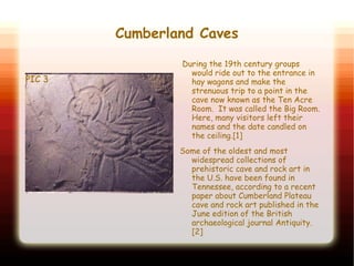 Cumberland Caves
During the 19th century groups
would ride out to the entrance in
hay wagons and make the
strenuous trip to a point in the
cave now known as the Ten Acre
Room. It was called the Big Room.
Here, many visitors left their
names and the date candled on
the ceiling.[1]
Some of the oldest and most
widespread collections of
prehistoric cave and rock art in
the U.S. have been found in
Tennessee, according to a recent
paper about Cumberland Plateau
cave and rock art published in the
June edition of the British
archaeological journal Antiquity.
[2]
PIC 3
 