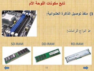 ‫اللوحة‬ ‫مكونات‬ ‫تابع‬‫األم‬
(3‫العشوائية‬ ‫الذاكرة‬ ‫توصيل‬ ‫منفذ‬:
‫الرامات‬ ‫انواع‬:
SD-RAM DD-RAM RD-RAM
11
 