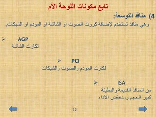 ‫األم‬ ‫اللوحة‬ ‫مكونات‬ ‫تابع‬
(4‫التوسعة‬ ‫منافذ‬:
‫الشبك‬ ‫او‬ ‫المودم‬ ‫او‬ ‫الشاشة‬ ‫او‬ ‫الصوت‬ ‫كروت‬ ‫إلضافة‬ ‫تستخدم‬ ‫منافذ‬ ‫وهي‬‫ات‬.
 AGP
‫الشاشة‬ ‫لكارت‬
 PCI
‫والشبكات‬ ‫والصوت‬ ‫المودم‬ ‫لكارت‬
 ISA
‫والبطيئة‬ ‫القديمة‬ ‫المنافذ‬ ‫من‬
‫االداء‬ ‫ومنخفض‬ ‫الحجم‬ ‫كبير‬
12
 