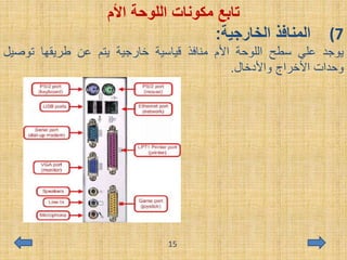 ‫اللوحة‬ ‫مكونات‬ ‫تابع‬‫األم‬
(7‫الخارجية‬ ‫المنافذ‬:
‫يوجد‬‫علي‬‫سطح‬‫اللوحة‬‫األم‬‫منافذ‬‫قياسية‬‫خارجية‬‫يتم‬‫عن‬‫طريقها‬‫توصي‬‫ل‬
‫وحدات‬‫األخراج‬‫واألدخال‬.
15
 