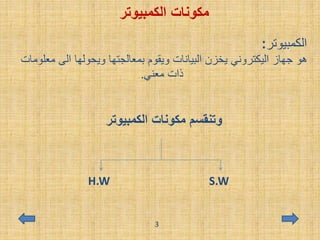 ‫الكمبيوتر‬ ‫مكونات‬
‫الكمبيوتر‬:
‫معلومات‬ ‫الى‬ ‫ويحولها‬ ‫بمعالجتها‬ ‫ويقوم‬ ‫البيانات‬ ‫يخزن‬ ‫اليكتروني‬ ‫جهاز‬ ‫هو‬
.‫معني‬ ‫ذات‬
‫الكمبيوتر‬ ‫مكونات‬ ‫وتنقسم‬
H.W S.W
3
 