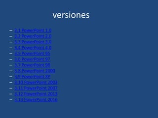 versiones
– 3.1 PowerPoint 1.0
– 3.2 PowerPoint 2.0
– 3.3 PowerPoint 3.0
– 3.4 PowerPoint 4.0
– 3.5 PowerPoint 95
– 3.6 PowerPoint 97
– 3.7 PowerPoint 98
– 3.8 PowerPoint 2000
– 3.9 PowerPoint XP
– 3.10 PowerPoint 2003
– 3.11 PowerPoint 2007
– 3.12 PowerPoint 2013
– 3.13 PowerPoint 2016
 