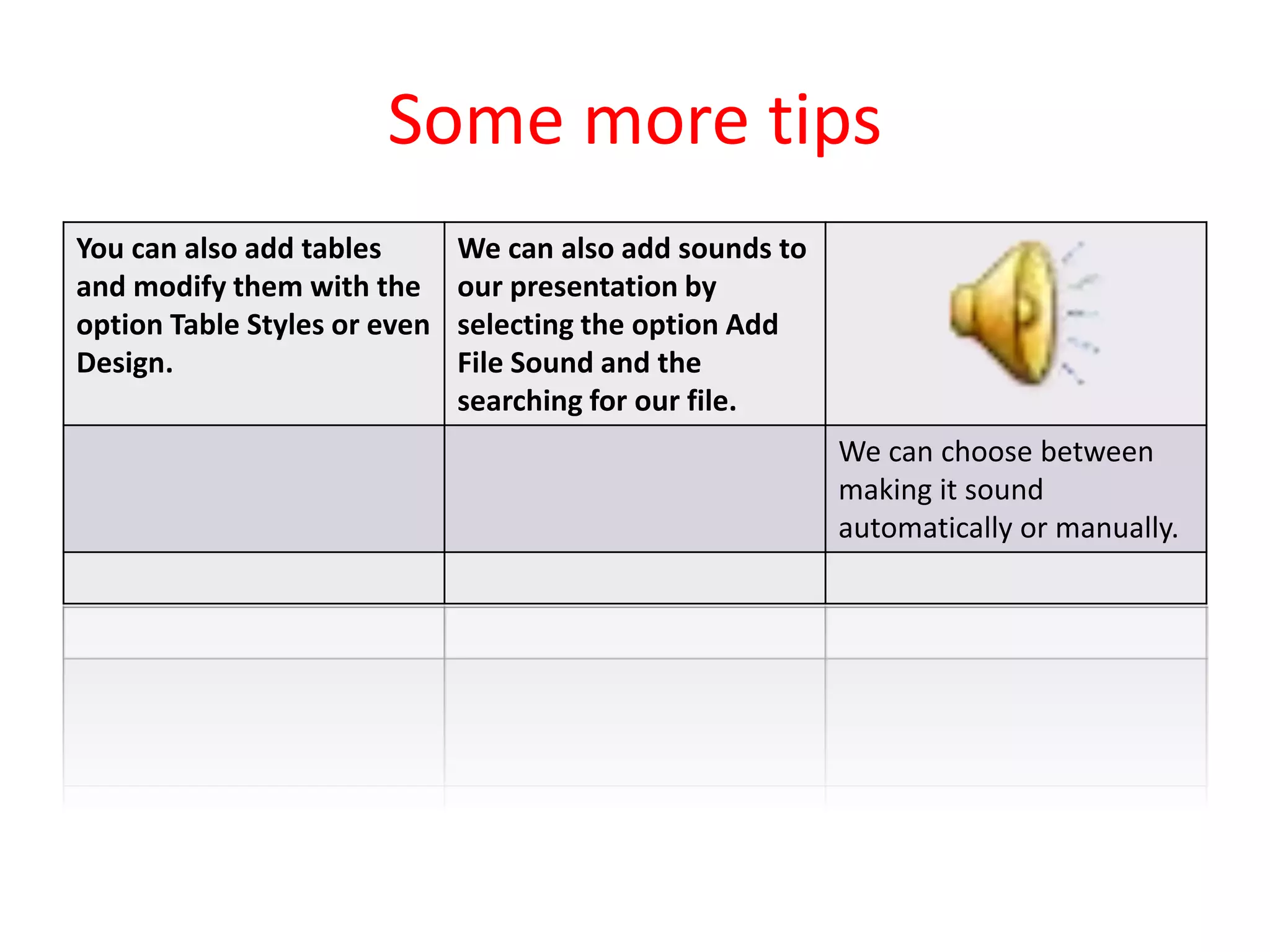 Some more tips
You can also add tables
and modify them with the
option Table Styles or even
Design.
We can also add sounds to
our presentation by
selecting the option Add
File Sound and the
searching for our file.
We can choose between
making it sound
automatically or manually.
 