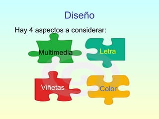 Diseño
Hay 4 aspectos a considerar:
Color
Multimedia Letra
Viñetas
 
