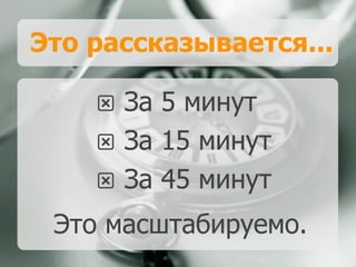 Это рассказывается...
l За 5 минут
l За 15 минут
l За 45 минут
Это масштабируемо.
 