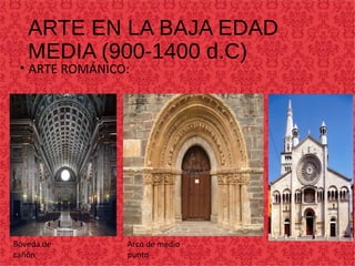 ARTE EN LA BAJA EDAD
MEDIA (900-1400 d.C)
• ARTE ROMÁNICO:
Bóveda de
cañón
Arco de medio
punto
 
