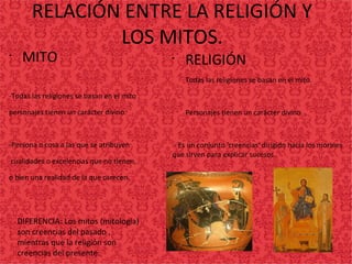 RELACIÓN ENTRE LA RELIGIÓN Y
LOS MITOS.
•
MITO
-Todas las religiones se basan en el mito .
personajes tienen un carácter divino.
-Persona o cosa a las que se atribuyen
cualidades o excelencias que no tienen,
o bien una realidad de la que carecen.
•
RELIGIÓN
-
Todas las religiones se basan en el mito.
-
Personajes tienen un carácter divino .
- Es un conjunto 'creencias' dirigido hacia los morales
que sirven para explicar sucesos.
DIFERENCIA: Los mitos (mitología)
son creencias del pasado ,
mientras que la religión son
creencias del presente.
 