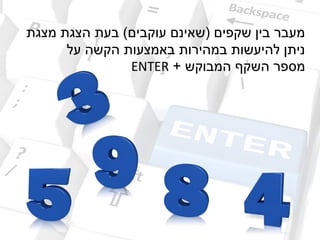 ‫שקפים‬ ‫בין‬ ‫מעבר‬(‫עוקבים‬ ‫שאינם‬)‫מצגת‬ ‫הצגת‬ ‫בעת‬
‫על‬ ‫הקשה‬ ‫באמצעות‬ ‫במהירות‬ ‫להיעשות‬ ‫ניתן‬
‫המבוקש‬ ‫השקף‬ ‫מספר‬+ENTER
 