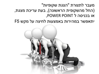 ‫לתצורת‬ ‫מעבר‬"‫שקופיות‬ ‫הצגת‬"
(‫הראשונה‬ ‫מהשקופית‬ ‫החל‬),‫מצגת‬ ‫עריכת‬ ‫בעת‬,
‫ל‬ ‫בכניסה‬ ‫או‬POWER POINT,
‫מקש‬ ‫על‬ ‫לחיצה‬ ‫באמצעות‬ ‫במהירות‬ ‫יתאפשר‬5F
 