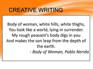 CREATIVE WRITING
Body of woman, white hills, white thighs,
You look like a world, lying in surrender.
My rough peasant’s body digs in you
And makes the son leap from the depth of
the earth.
- Body of Woman, Pablo Nerida
 