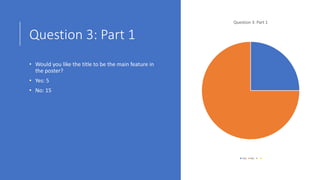 Question 3: Part 1
• Would you like the title to be the main feature in
the poster?
• Yes: 5
• No: 15
Question 3: Part 1
Yes No
 