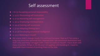 Self assessment
 2 61-57 Accepting personal responsibility
 3. 55-57 Discovering self motivation
 4. 51-54 Mastering self management
 5. 36-37 Employing interdependent
 6. 44-47 Gaining self awareness
 7. 37-42 Adopting lifelong learn
 8. 37-38 Developing emotional intelligence
 9. 53-51 Believing in myself
 My scores didn’t change much, I'm confused because I feel as if I've come a
long way since this semester but I learned that I am emotional destressed and
that’s the one thing I struggle with. I need to work on myself. I have dealt with
many traumatic things in my life and I struggling with handling it. I need to
deal with them instead of pushing them to the side.
 