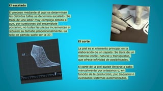 El escalado
El proceso mediante el cual se determinan
las distintas tallas se denomina escalado. Se
trata de una labor muy compleja debido a
que, por cuestiones del ensamblaje
posterior, no todas las piezas incrementan o
reducen su tamaño proporcionalmente. La
talla de partida suele ser la 37.
El corte
La piel es el elemento principal en la
elaboración de un zapato. Se trata de un
material noble, natural y transpirable,
que ofrece infinidad de posibilidades.
El corte de la piel puede llevarse a cabo
manualmente por artesanos o, en
función de la producción, por troqueles o
avanzados sistemas automatizados.
 