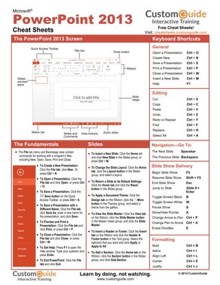 Microsoft®
PowerPoint 2013
Cheat Sheets
The PowerPoint 2013 Screen Keyboard Shortcuts
The Fundamentals
 To Create a New Presentation:
Click the File tab, click New. Or,
press Ctrl + N.
 To Open a Presentation: Click the
File tab and click Open, or press Ctrl
+ O.
 To Save a Presentation: Click the
Save button on the Quick
Access Toolbar, or press Ctrl + S.
 To Save a Presentation with a
Different Name: Click the File tab,
click Save As, enter a new name for
the presentation, and click Save.
 To Preview and Print a
Presentation: Click the File tab and
click Print, or press Ctrl + P.
 To Close a Presentation: Click the
File tab and click Close, or press
Ctrl + W.
 To Get Help: Press F1 to open the
Help window. Type your question and
press Enter.
 To Exit PowerPoint: Click the File
tab and click Exit.
Open a Presentation Ctrl + O
Create New Ctrl + N
Save a Presentation Ctrl + S
Print a Presentation Ctrl + P
Close a Presentation Ctrl + W
Insert a New Slide Ctrl + M
Help F1
General
Editing
Formatting
Bold Ctrl + B
Italics Ctrl + I
Align Left Ctrl + L
Center Ctrl + E
Justify Ctrl + J
Cut Ctrl + X
Copy Ctrl + C
Paste Ctrl + V
Undo Ctrl + Z
Redo or Repeat Ctrl + Y
Find Ctrl + F
Replace Ctrl + H
Select All Ctrl + A
Navigation—Go To:
The Next Slide Spacebar
The Previous Slide Backspace
Slide Show Delivery
Begin Slide Show F5
Resume Slide Show Shift + F5
End Slide Show Esc
Jump to Slide Slide # +
Enter
Toggle Screen Black B
Toggle Screen White W
Pause Show S
Show/Hide Pointer A
Change Arrow to Pen Ctrl + P
Change Pen to Arrow Ctrl + A
Erase Doodles E
 The File tab menu and Backstage view contain
commands for working with a program’s files,
including New, Open, Save, Print and Close.
 To Insert a New Slide: Click the Home tab
and click New Slide in the Slides group, or
press Ctrl + M.
 To Change the Slide Layout: Click the Home
tab, click the Layout button in the Slides
group, and select a layout.
 To Return a Slide to its Default Settings:
Click the Home tab and click the Reset
button in the Slides group.
 To Apply a Document Theme: Click the
Design tab on the Ribbon, click the More
button in the Themes group, and select a
theme from the gallery.
 To View the Slide Master: Click the View tab
on the Ribbon, click the Slide Master button
in the Master Views group, and click the Slide
Master.
 To Insert a Header or Footer: Click the Insert
tab on the Ribbon and click the Header &
Footer button in the Text group. Select the
option(s) that you want and click Apply or
Apply to All.
 To Add a Section: Click the Home tab on the
Ribbon, click the Section button in the Slides
group, and click Add Section.
Slides
Quick Access Toolbar
Title bar
Slide
stage
Zoom slider
Close button
Slides
preview
pane
Status bar View buttons
Ribbon
Notes and
Comments
Free Cheat Sheets!
Visit: cheatsheets.customguide.com
© 2014 CustomGuide
Free Cheat
Sheets!
Learn by doing, not watching.
www.customguide.com
 