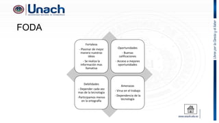 FODA
Fortaleza
- Plasmar de mejor
manera nuestras
ideas
- Se realiza la
información mas
llamativa
Oportunidades
- Buenas
calificaciones
- Acceso a mejores
oportunidades
Debilidades
- Depender cada vez
mas de la tecnología
-Participamos menos
en la ortografía
Amenazas
- Virus en el trabajo
- Dependencia de la
tecnología
 