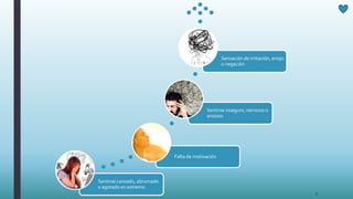 9
Sentirse cansado, abrumado
o agotado en extremo
Falta de motivación
Sentirse inseguro, nervioso o
ansioso
Sensación de irritación, enojo
o negación
 