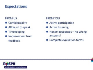 Expectations
FROM US
Confidentiality
Allow all to speak
Timekeeping
Improvement from
feedback
FROM YOU
Active participatio...
