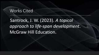 Works Cited
Santrock, J. W. (2023). A topical
approach to life-span development.
McGraw Hill Education.
 