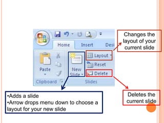 •Adds a slide
•Arrow drops menu down to choose a
layout for your new slide
Changes the
layout of your
current slide
Deletes the
current slide
 