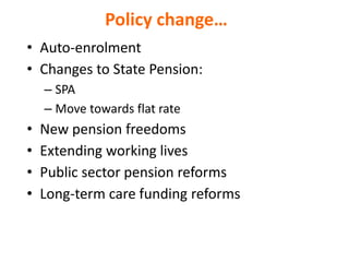 Policy change…
• Auto-enrolment
• Changes to State Pension:
– SPA
– Move towards flat rate
• New pension freedoms
• Extending working lives
• Public sector pension reforms
• Long-term care funding reforms
 