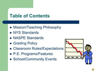 Table of Contents
 Mission/Teaching Philosophy
 NYS Standards
 NASPE Standards
 Grading Policy
 Classroom Rules/Expectations
 P.E. Programs/Features
 School/Community Events
 