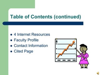 Table of Contents (continued)
 4 Internet Resources
 Faculty Profile
 Contact Information
 Cited Page
 