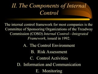 II. The Components of Internal
Control
A. The Control Environment
B. Risk Assessment
C. Control Activities
D. Information and Communication
E. Monitoring
The internal control framework for most companies is the
Committee of Sponsoring Organizations of the Treadway
Commission (COSO) Internal Control—Integrated
Framework, issued in 1992.
 