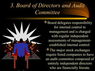 3. Board of Directors and Audit
Committee
Board delegates responsibility
for internal control to
management and is charged
with regular independent
assessments of management-
established internal control.
The major stock exchanges
require listed companies to have
an audit committee composed of
entirely independent directors
who are financially literate.
 