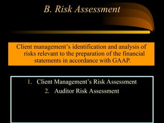 B. Risk Assessment
Client management’s identification and analysis of
risks relevant to the preparation of the financial
statements in accordance with GAAP.
1. Client Management’s Risk Assessment
2. Auditor Risk Assessment
 