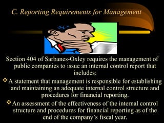 C. Reporting Requirements for Management
Section 404 of Sarbanes-Oxley requires the management of
public companies to issue an internal control report that
includes:
A statement that management is responsible for establishing
and maintaining an adequate internal control structure and
procedures for financial reporting.
An assessment of the effectiveness of the internal control
structure and procedures for financial reporting as of the
end of the company’s fiscal year.
 
