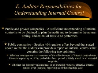 E. Auditor Responsibilities for
Understanding Internal Control
 Public and private companies – A sufficient understanding of internal
control is to be obtained to plan the audit and to determine the nature,
timing, and extent of tests to be performed.
 Public companies – Section 404 requires effort beyond that stated
above so that the auditor can provide a report on internal controls that
contains the following two opinions:
 Whether management’s assessment of the effectiveness of internal control over
financial reporting as of the end of the fiscal period is fairly stated in all material
respects.
 Whether the company maintained, in all material respects, effective internal
control over financial reporting as of the specified date.
 