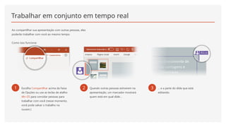 Trabalhar em conjunto em tempo real
Ao compartilhar sua apresentação com outras pessoas, elas
poderão trabalhar com você ao mesmo tempo.
Como isso funciona:
1 Escolha Compartilhar acima da Faixa
de Opções ou use as teclas de atalho
Alt+ZS para convidar pessoas para
trabalhar com você (nesse momento,
você pode salvar o trabalho na
nuvem.)
2 Quando outras pessoas estiverem na
apresentação, um marcador mostrará
quem está em qual slide…
3 ... e a parte do slide que está
editando.
 