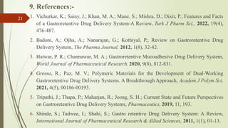 9. References:-
1. Vichurkar, K.; Sainy, J.; Khan, M. A.; Mane, S.; Mishra, D.; Dixit, P.; Features and Facts
of a Gastroretentive Drug Delivery System-A Review, Turk J Pharm Sci., 2022, 19(4),
476-487.
2. Badoni, A.; Ojha, A.; Nanarajan, G.; Kothiyal, P.; Review on Gastroretentive Drug
Delivery System, The Pharma Journal, 2012, 1(8), 32-42.
3. Hatwar, P. R.; Channawar, M. A.; Gastroretentive Mucoadhesive Drug Delivery System,
World Journal of Pharmaceutical Research, 2020, 9(8), 812-831.
4. Grosso, R.; Paz, M. V.; Polymeric Materials for the Development of Dual-Working
Gastroretentive Drug Delivery Systems. A Breakthrough Approach, Academ J Polym Sci,
2021, 4(5), 00186-00193.
5. Tripathi, J.; Thapa, P.; Maharjan, R.; Jeong, S. H.; Current State and Future Perspectives
on Gastroretentive Drug Delivery Systems, Pharmaceutics, 2019, 11, 193.
6. Shinde, S.; Tadwee, I.; Shahi, S.; Gastro retentive Drug Delivery System: A Review,
International Journal of Pharmaceutical Research & Allied Sciences, 2011, 1(1), 01-13.
21
 