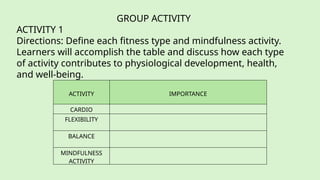 GROUP ACTIVITY
ACTIVITY 1
Directions: Define each fitness type and mindfulness activity.
Learners will accomplish the table and discuss how each type
of activity contributes to physiological development, health,
and well-being.
ACTIVITY IMPORTANCE
CARDIO
FLEXIBILITY
BALANCE
MINDFULNESS
ACTIVITY
 
