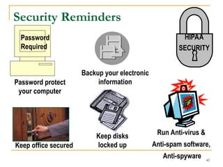 42
Security Reminders
Password
Required
Password protect
your computer
Backup your electronic
information
Run Anti-virus &
Anti-spam software,
Anti-spyware
Keep disks
locked up
Keep office secured
HIPAA
SECURITY
 