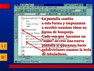 La pantalla cambia  a esta forma y empezamos a escribir nuestras ideas en forma de bosquejo. Cada vez que  hacemos un  “ enter” se crea una nueva  pantalla si queremos hacer subdiviciones usamos la tecla de tabuladores. 