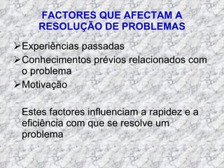FACTORES QUE AFECTAM A RESOLUÇÃO DE PROBLEMAS Experiências passadas Conhecimentos prévios relacionados com o problema Motivação Estes factores influenciam a rapidez e a eficiência com que se resolve um problema 