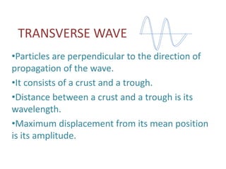 TRANSVERSE WAVE 
•Particles are perpendicular to the direction of 
propagation of the wave. 
•It consists of a crust and a trough. 
•Distance between a crust and a trough is its 
wavelength. 
•Maximum displacement from its mean position 
is its amplitude. 
 