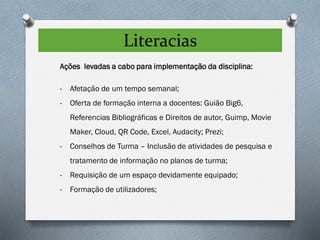 Literacias
Ações levadas a cabo para implementação da disciplina:
- Afetação de um tempo semanal;
- Oferta de formação interna a docentes: Guião Big6,
Referencias Bibliográficas e Direitos de autor, Guimp, Movie
Maker, Cloud, QR Code, Excel, Audacity; Prezi;
- Conselhos de Turma – Inclusão de atividades de pesquisa e
tratamento de informação no planos de turma;
- Requisição de um espaço devidamente equipado;
- Formação de utilizadores;
 