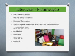 Literacias - Planificação
- Ano de escolaridade;
- Projeto-Tema/Subtemas
- Unidade/Conteúdos;
- Aprendizagens associadas ao trabalho da BE/Referencial
Aprender com a BE;
- Atividades;
- Recursos;
- Calendário;
- Avaliação.
 