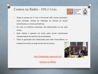 Contos na Rádio - EPE/1º Ciclo
http://biblioapjb.webnode.pt/
Contos na Rádio
• Todas as escolas do 1º ciclo e Pré-escolar (561 alunos) participam
nesta atividade, através da realização de oficinas de escrita
subordinadas a um tema pré-definido;
• De entre os trabalhos produzidos, são selecionados um por cada
escola;
• Cada história é gravada em áudio pelos alunos selecionados
(representativos de cada ano de escolaridade);
• Todas as gravações são reproduzidas pela rádio Antena-Minho, na
emissão da manhã, ao longo da Semana da Leitura.
 