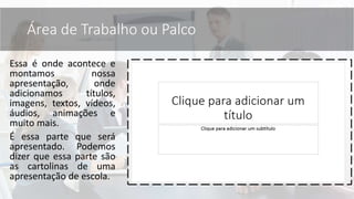 Essa é onde acontece e
montamos nossa
apresentação, onde
adicionamos títulos,
imagens, textos, vídeos,
áudios, animações e
muito mais.
É essa parte que será
apresentado. Podemos
dizer que essa parte são
as cartolinas de uma
apresentação de escola.
Área de Trabalho ou Palco
 