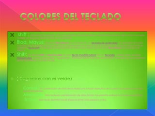 

shift : es la tecla tabulación. Es un procesador sirve para alinear verticalmente tanto texto como números.

O dejar un espacio determinado entre palabra.



Bloq. Mayus: La tecla Bloq Mayús es una tecla en un teclado de ordenador. Al apretarla activará



Shift: La tecla shift o mayúsculas es una tecla modificadora en un teclado, usado para escribir

un modo en el teclado en el cual las teclas aparecerán en mayúscula por defecto y en minúscula cuando se
apriete la tecla shift; el teclado permanecerá en este modo hasta que la tecla Bloq Mayús sea pulsada de
nuevo.

mayúsculas y otros caracteres “superiores”. Normalmente hay dos teclas shift, situadas en los extremos
de la fila inferior a la fila inicial.

› Control : En combinación de otras teclas realiza una función específica de acuerdo al programa en el que
se está trabajando.

› Alternador: Esta tecla en combinación de otras teclas nos permite realizar funciones específicas.
› Space: esta tecla permite hacer espacio entre una palabra y otra.

 