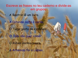 Escreve as frases no teu caderno e divide-as em grupos: A Beatriz l ê um livro. A Catarina salta à corda. O Tiago gosta de escrever. O João não quer comer. O Rúben dormiu pouco. A Artemisa foi a Lisboa. 