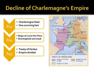 • Charlemagne Died
      • One surviving heir
814

      • Reign of Louis the Pious
      • Shortsighted and weak
814

      • Treaty of Verdun
      • Empire divided
843
 