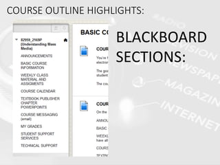 COURSE OUTLINE HIGHLIGHTS:
BLACKBOARD
SECTIONS:
 