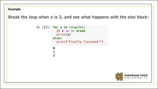 Example
Break the loop when x is 3, and see what happens with the else block:
 