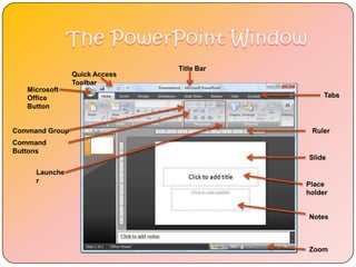Title Bar
                Quick Access
                Toolbar
   Microsoft
   Office                                       Tabs
   Button


Command Group                               Ruler
Command
Buttons
                                           Slide

     Launche
     r
                                           Place
                                           holder


                                           Notes



                                           Zoom
 