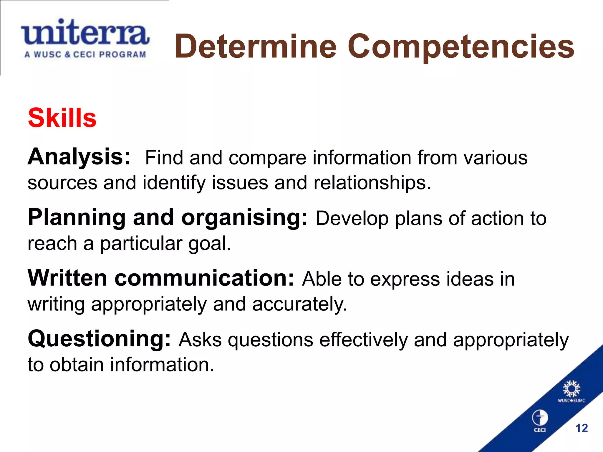 Determine Competencies
Skills
Analysis: Find and compare information from various
sources and identify issues and relationships.

Planning and organising: Develop plans of action to
reach a particular goal.

Written communication: Able to express ideas in
writing appropriately and accurately.

Questioning: Asks questions effectively and appropriately
to obtain information.
12

 